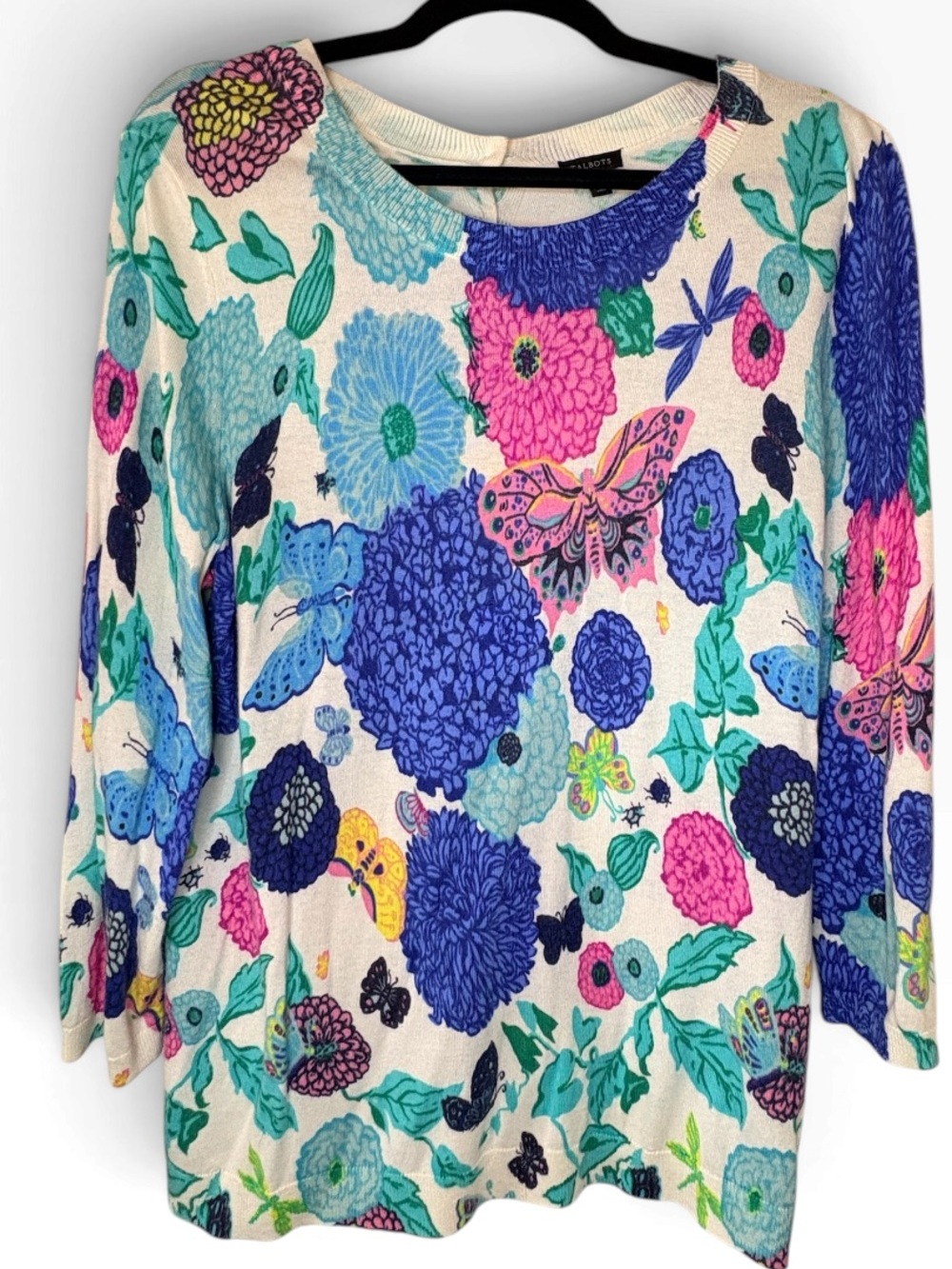 Talbots Cream Floral Long-Sleeve Top with Blue, Pink and Teal Accents